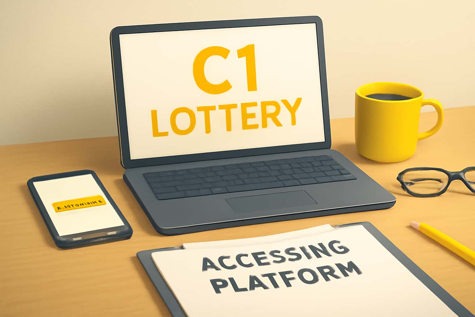 Informational scene depicting access to the C1 Lottery platform with focused elements on technology.